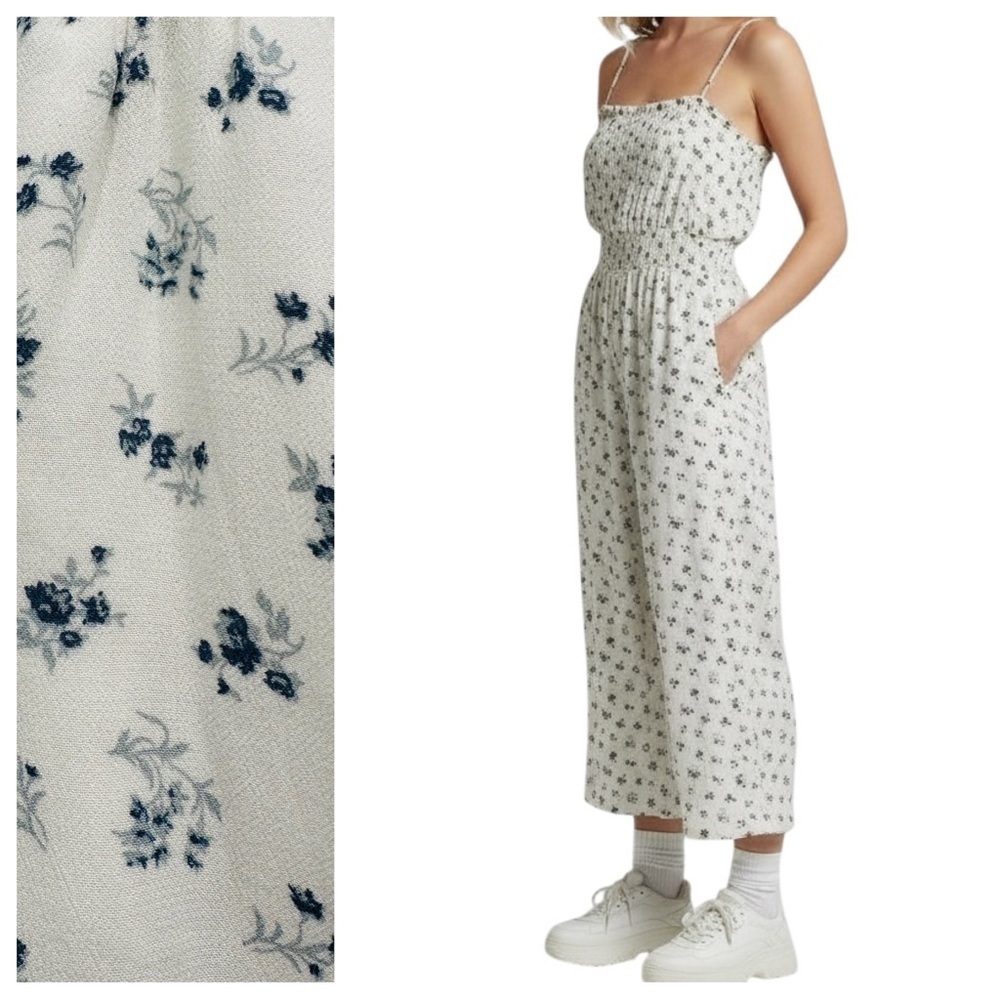 AE White Blue Floral Smocked Wide Leg Crop Jumpsuit Size S Tall NWOT Boho